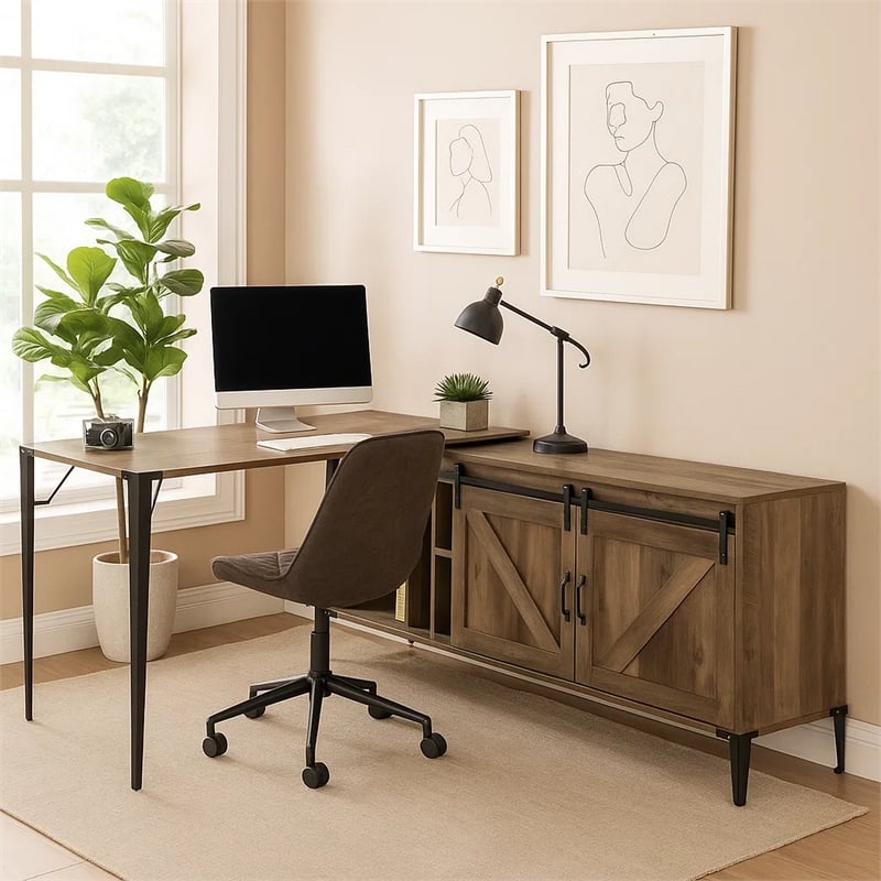 Benjara L Shape Writing Desk with 6 Open Compartments- Brown