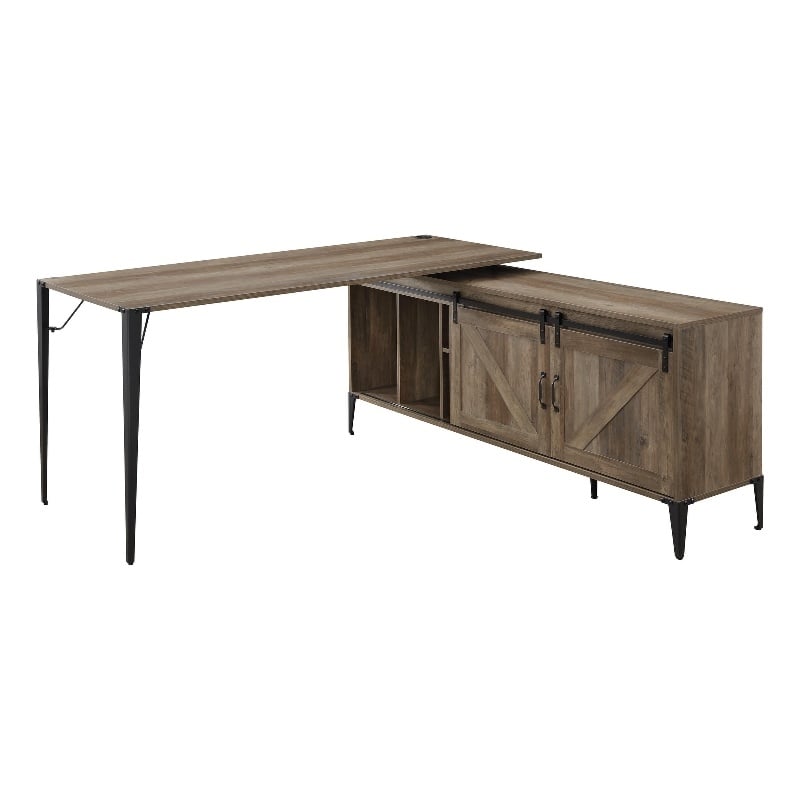 Benjara L Shape Writing Desk with 6 Open Compartments- Brown