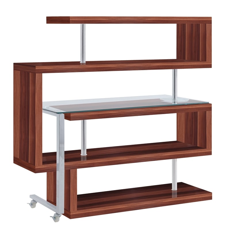 Benjara Writing Desk with 4 Swivel Etagere Shelf and Casters- Walnut Brown
