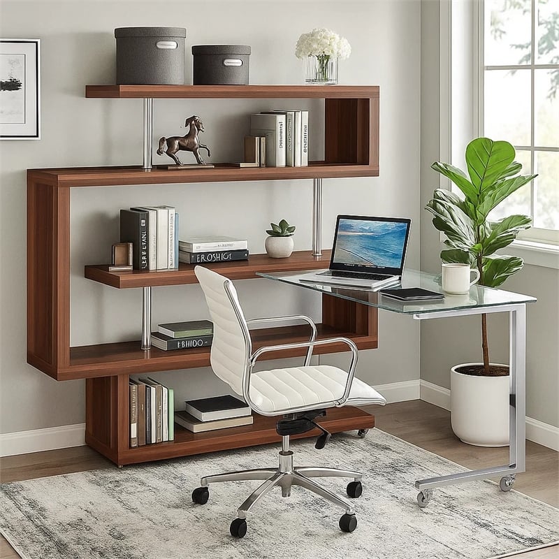 Benjara Writing Desk with 4 Swivel Etagere Shelf and Casters- Walnut Brown