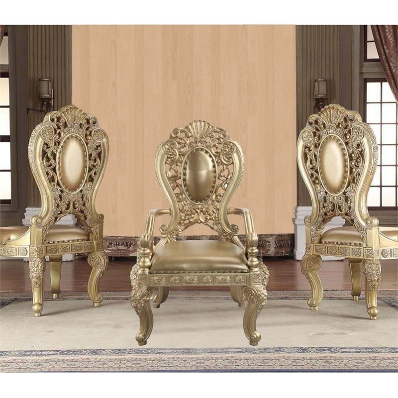 Benjara Armchair with Scrolled Crown Top Back and Ornate Motifs (Set of 2)- Gold