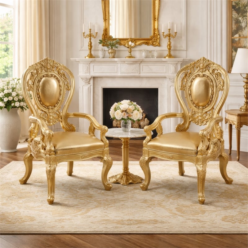 Benjara Armchair with Scrolled Crown Top Back and Ornate Motifs (Set of 2)- Gold