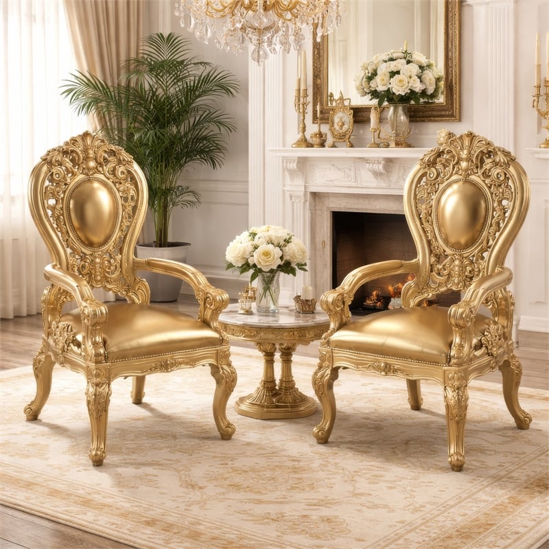 Benjara Armchair with Scrolled Crown Top Back and Ornate Motifs (Set of 2)- Gold