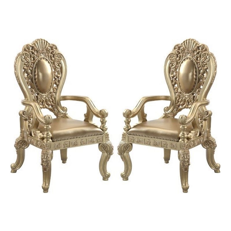 Benjara Armchair with Scrolled Crown Top Back and Ornate Motifs (Set of 2)- Gold