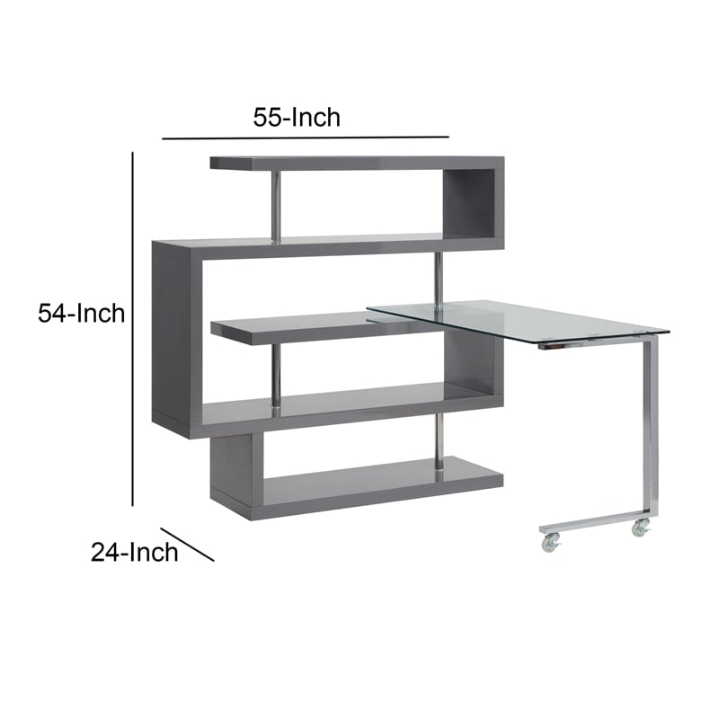 Benjara Writing Desk with 4 Swivel Etagere Shelf and Casters- Gray