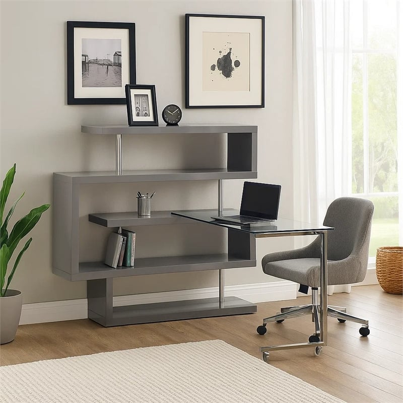 Benjara Writing Desk with 4 Swivel Etagere Shelf and Casters- Gray