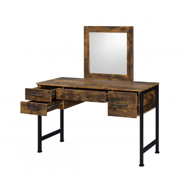 Benjara Vanity Desk with 4 Drawers and Square Mirror- Brown and Black