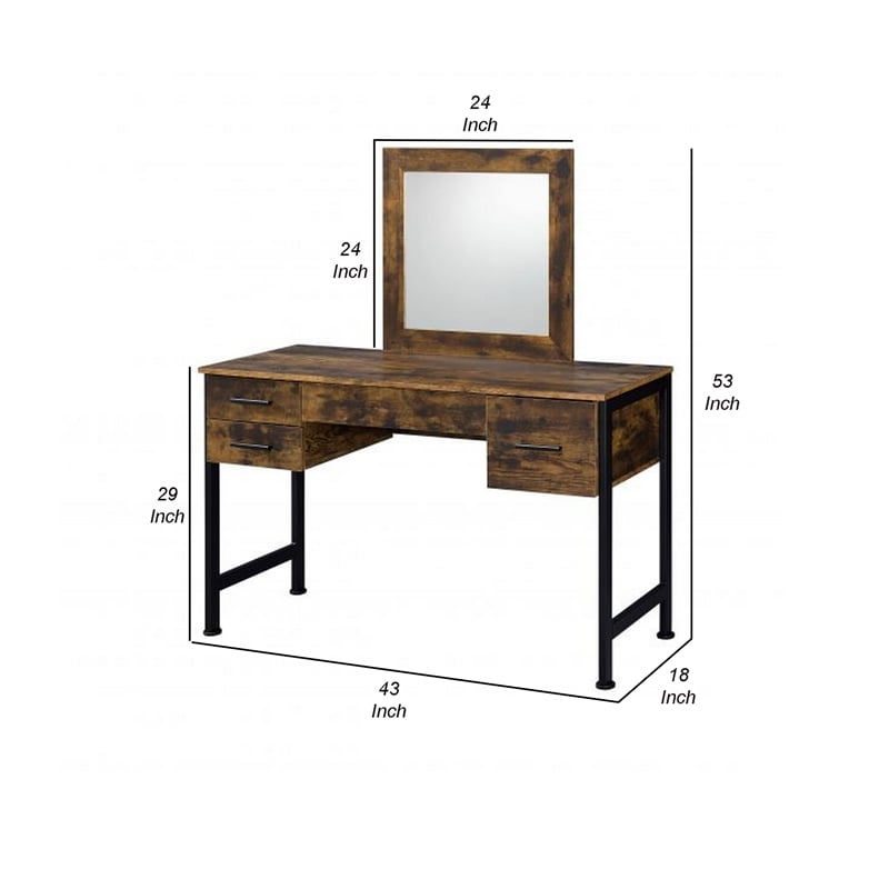 Benjara Vanity Desk with 4 Drawers and Square Mirror- Brown and Black