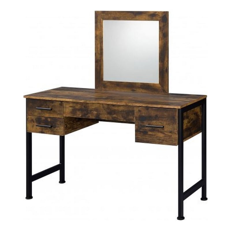 Benjara Vanity Desk with 4 Drawers and Square Mirror- Brown and Black