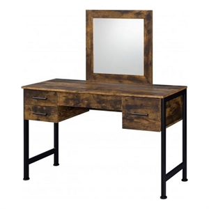 Benjara Vanity Desk with 4 Drawers and Square Mirror- Brown and Black