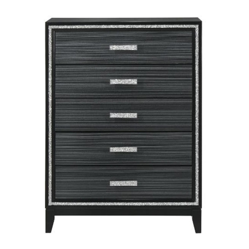 Benjara Chest with 5 Drawers and Shimmering Trim- Weathered Black