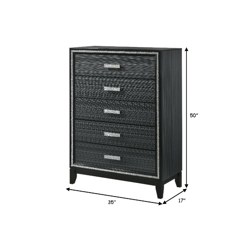Benjara Chest with 5 Drawers and Shimmering Trim- Weathered Black