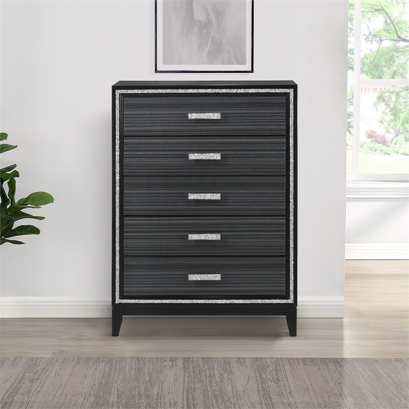 Benjara Chest with 5 Drawers and Shimmering Trim- Weathered Black