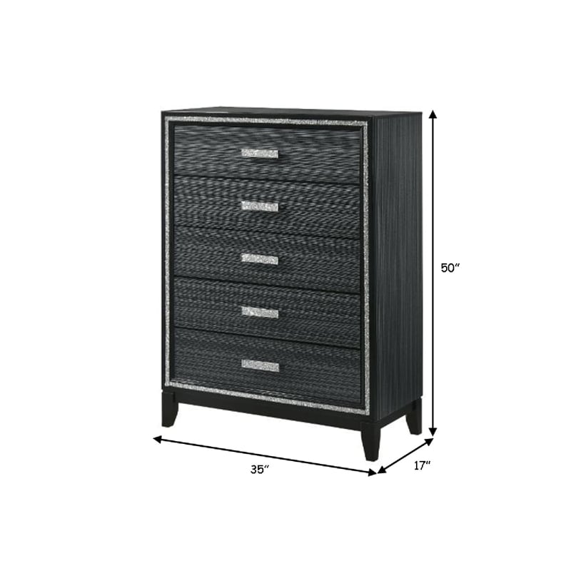 Benjara Chest with 5 Drawers and Shimmering Trim- Weathered Black