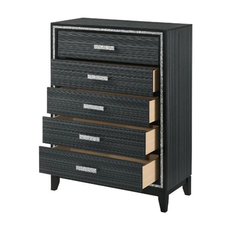 Benjara Chest with 5 Drawers and Shimmering Trim- Weathered Black