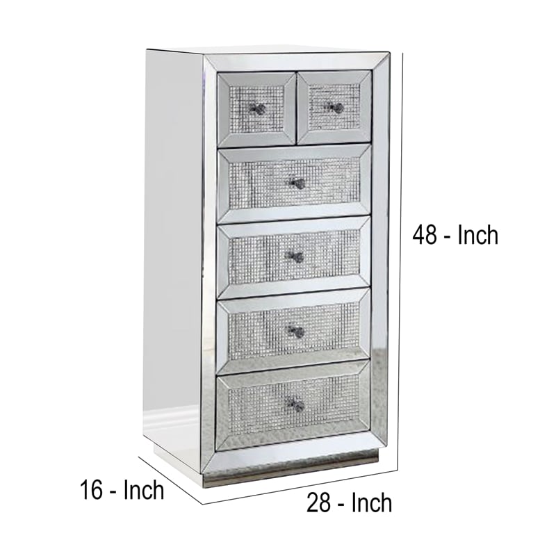 Benjara Storage Cabinet with 6 Drawers and Faux Diamond Inlays- Silver