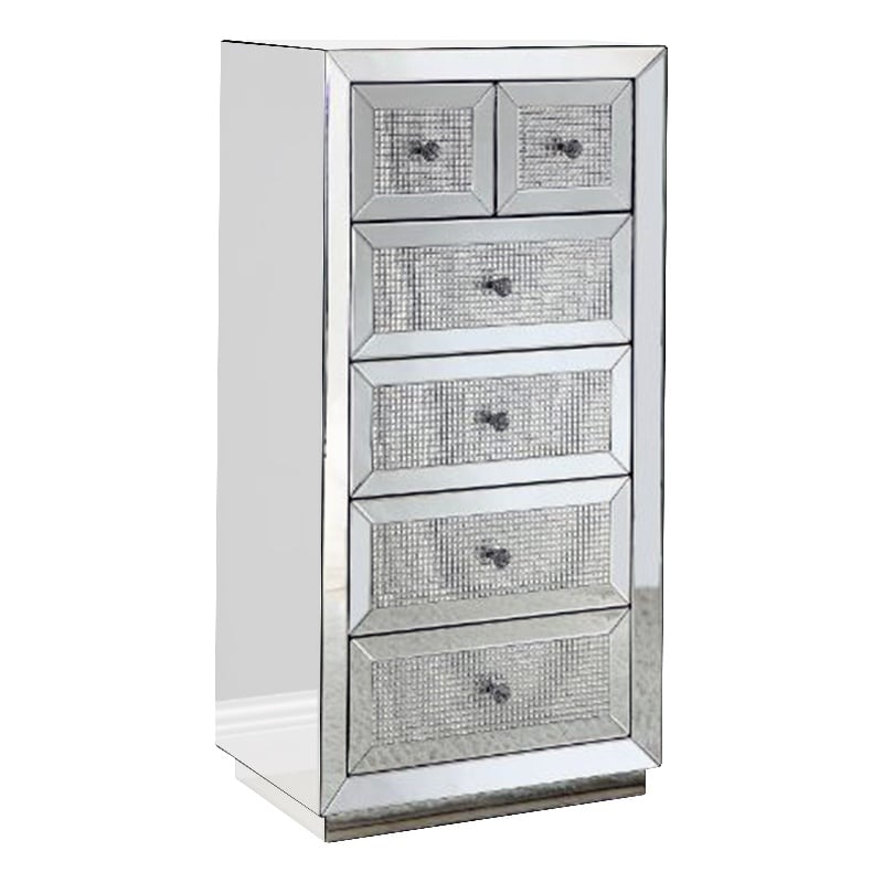 Benjara Storage Cabinet with 6 Drawers and Faux Diamond Inlays- Silver