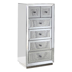 Benjara Storage Cabinet with 6 Drawers and Faux Diamond Inlays- Silver