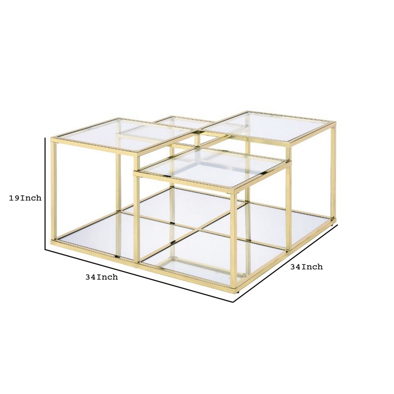Benjara Coffee Table with Glass Top and Tubular Frame- Gold
