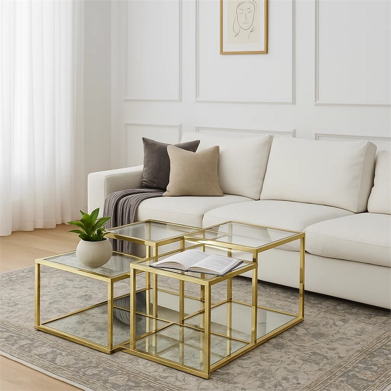 Benjara Coffee Table with Glass Top and Tubular Frame- Gold