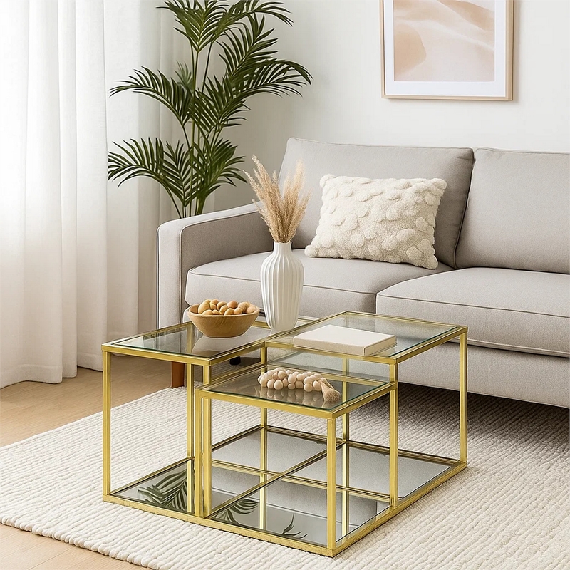 Benjara Coffee Table with Glass Top and Tubular Frame- Gold