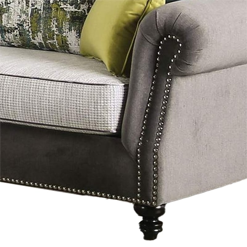 Benjara Loveseat with Rolled Arms and 4 Accent Pillows- Gray