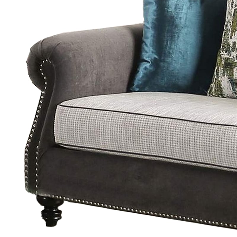 Benjara Loveseat with Rolled Arms and 4 Accent Pillows- Gray