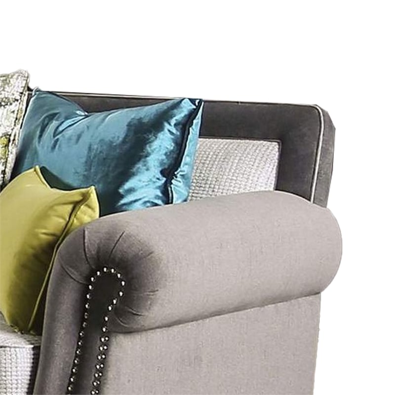 Benjara Loveseat with Rolled Arms and 4 Accent Pillows- Gray