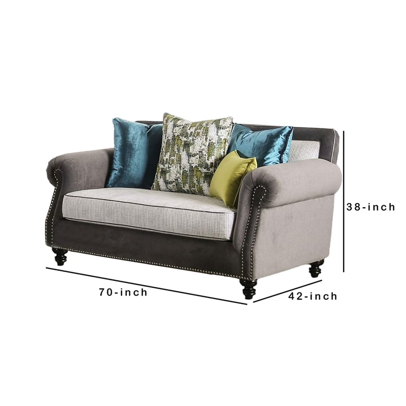 Benjara Loveseat with Rolled Arms and 4 Accent Pillows- Gray