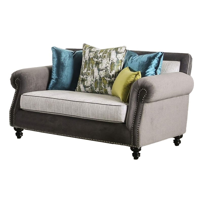 Benjara Loveseat with Rolled Arms and 4 Accent Pillows- Gray