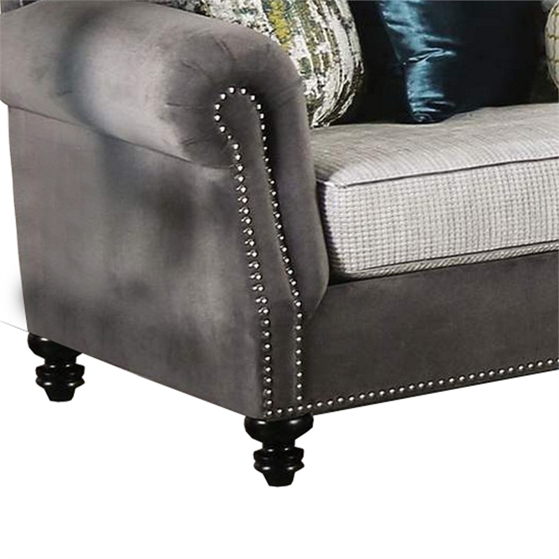 Benjara Sofa with Rolled Arms and 7 Accent Pillows- Gray