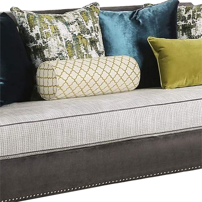 Benjara Sofa with Rolled Arms and 7 Accent Pillows- Gray