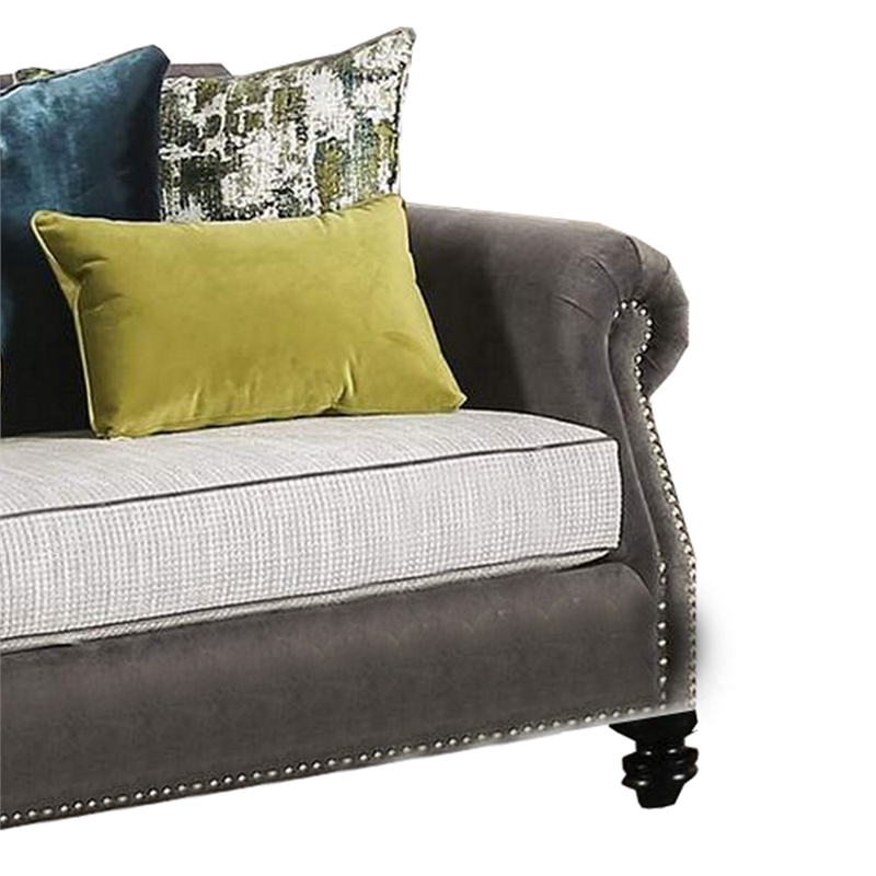 Benjara Sofa with Rolled Arms and 7 Accent Pillows- Gray