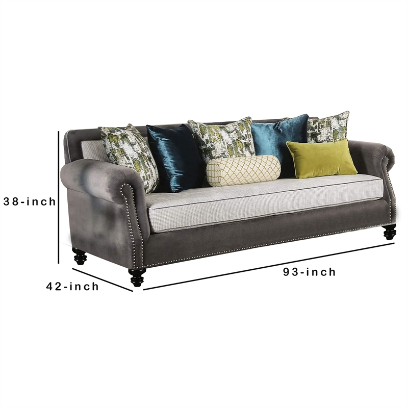 Benjara Sofa with Rolled Arms and 7 Accent Pillows- Gray