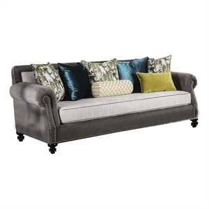 Benjara Sofa with Rolled Arms and 7 Accent Pillows- Gray