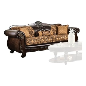 Benjara Leatherette Sofa with Intricate Carving and Jacobean Pattern- Dark Brown