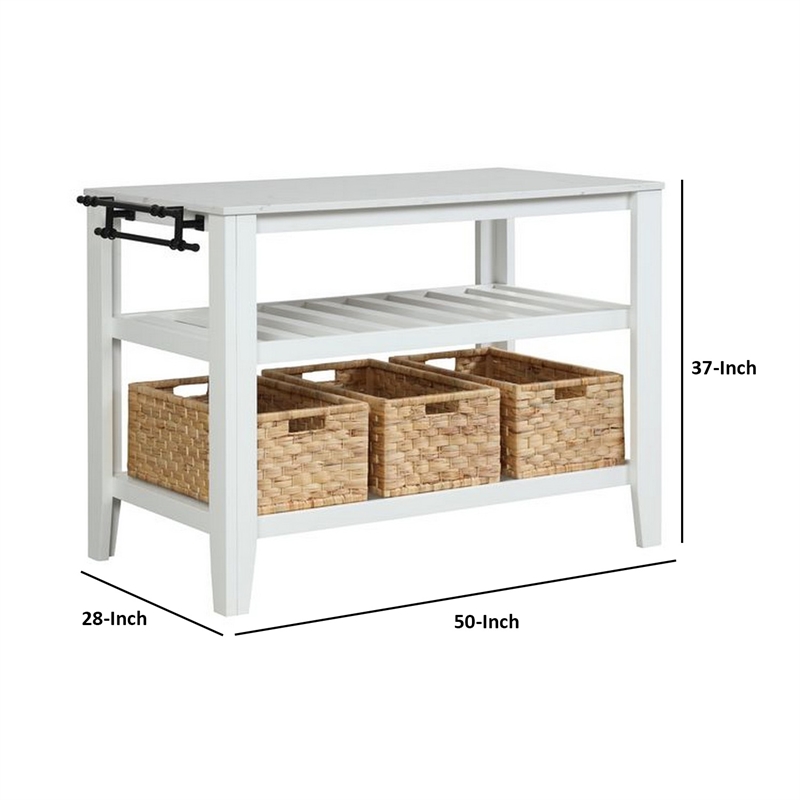 Benjara 3 Tier Kitchen Island with 3 Seagrass Removable Baskets- White