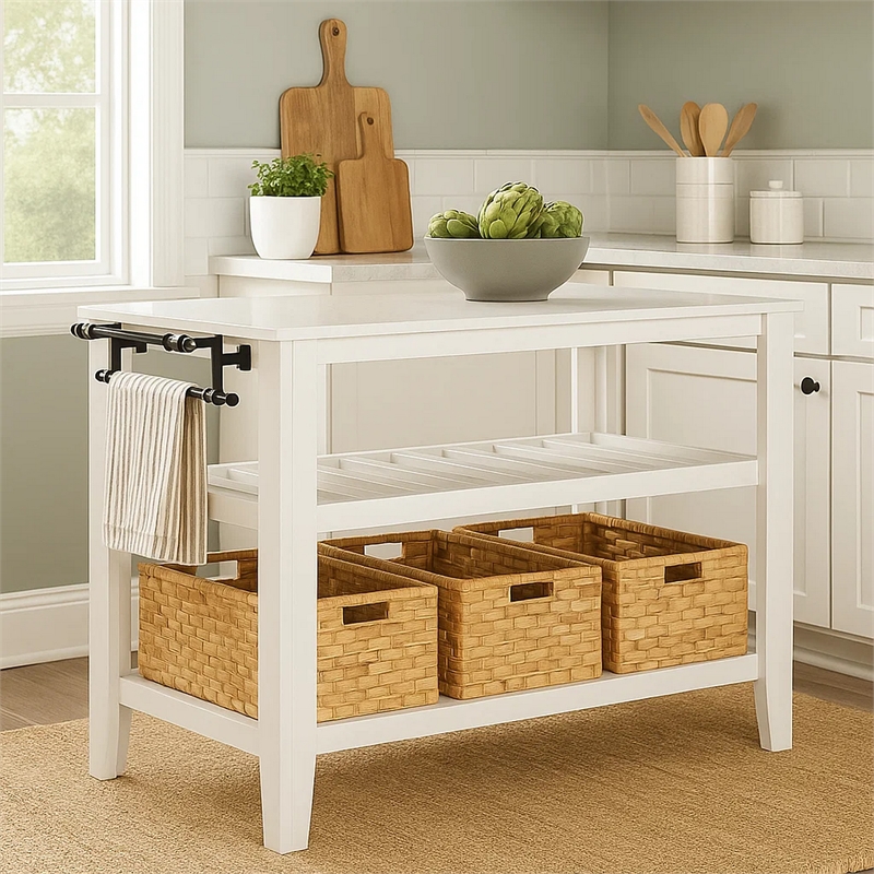 Benjara 3 Tier Kitchen Island with 3 Seagrass Removable Baskets- White