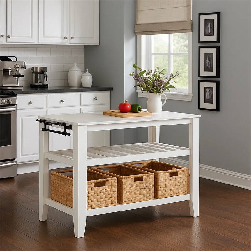 Benjara 3 Tier Kitchen Island with 3 Seagrass Removable Baskets- White