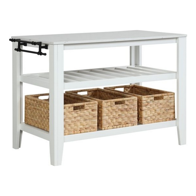 Benjara 3 Tier Kitchen Island with 3 Seagrass Removable Baskets- White