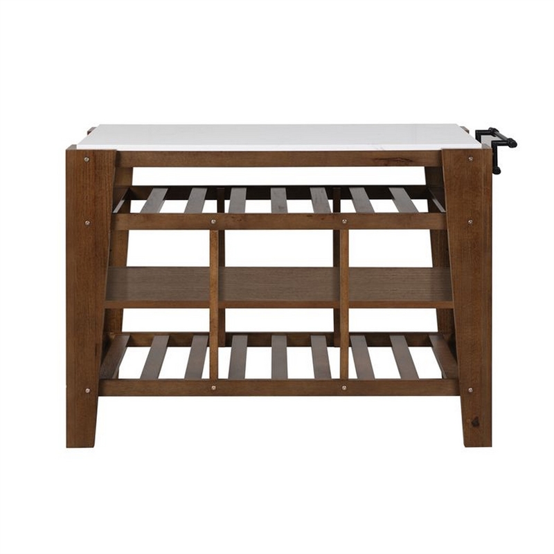 Benjara 4 Tier Kitchen Isl& with Slatted Shelves & Side Handle- Brown & White