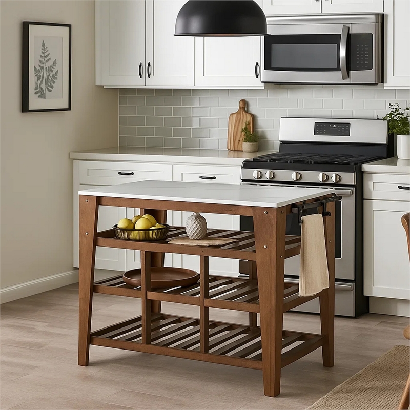 Benjara 4 Tier Kitchen Isl& with Slatted Shelves & Side Handle- Brown & White