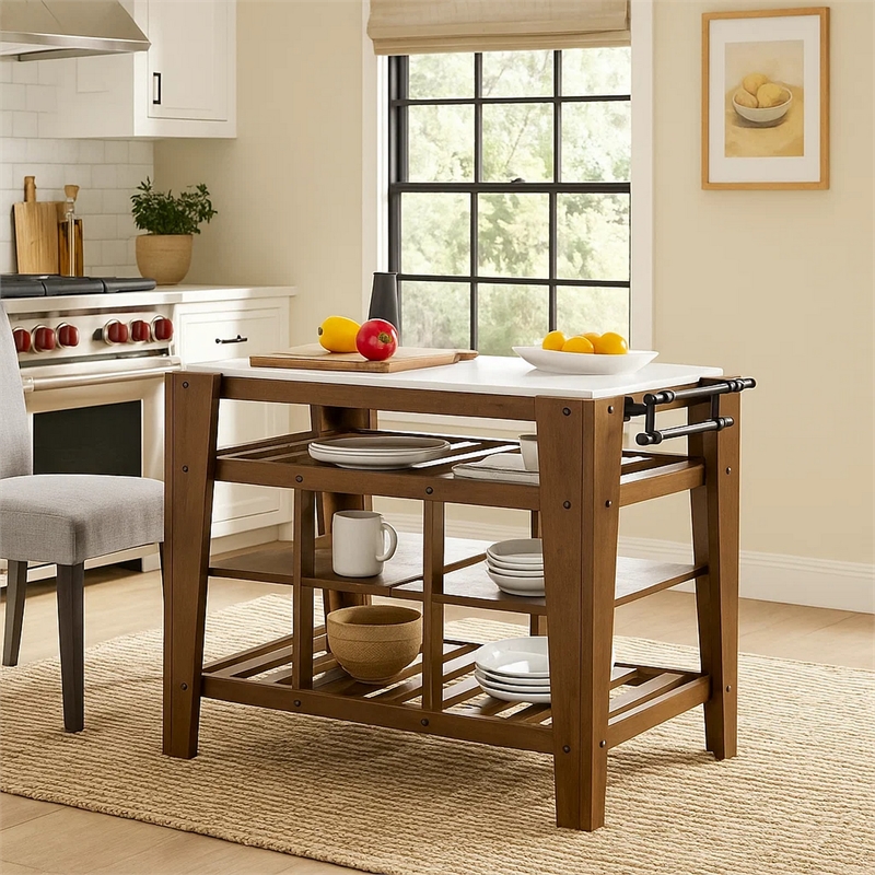 Benjara 4 Tier Kitchen Isl& with Slatted Shelves & Side Handle- Brown & White