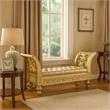 Benjara Bench with Button Tufted Seat and Hollow Floral Carving- Gold