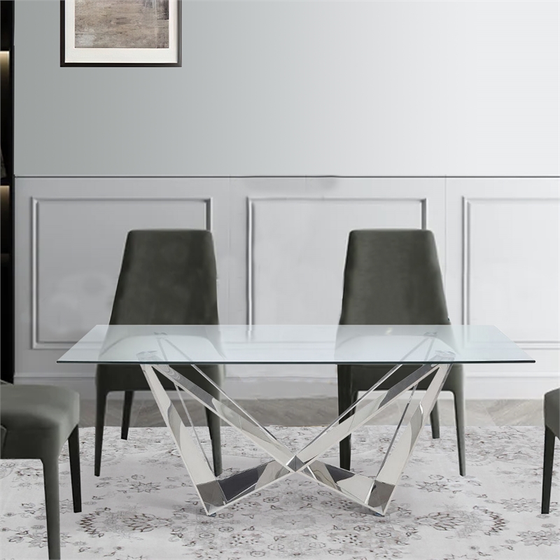 Benjara Dining Table with Overlapped Metal Geometric Accent- Silver