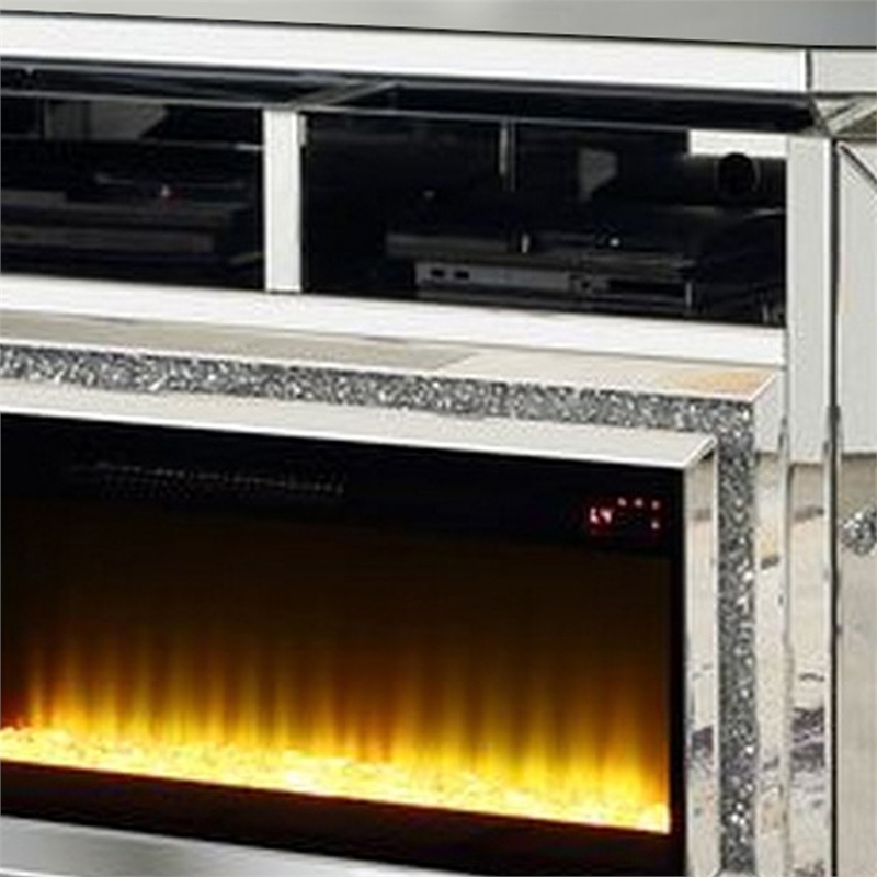 Benjara Mirrored TV Stand with LED Fireplace and 16 Color LED- Silver