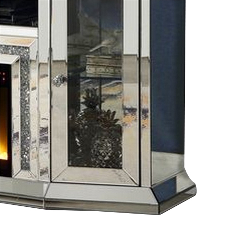 Benjara Mirrored TV Stand with LED Fireplace and 16 Color LED- Silver