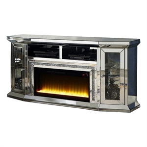 Benjara Mirrored TV Stand with LED Fireplace and 16 Color LED- Silver