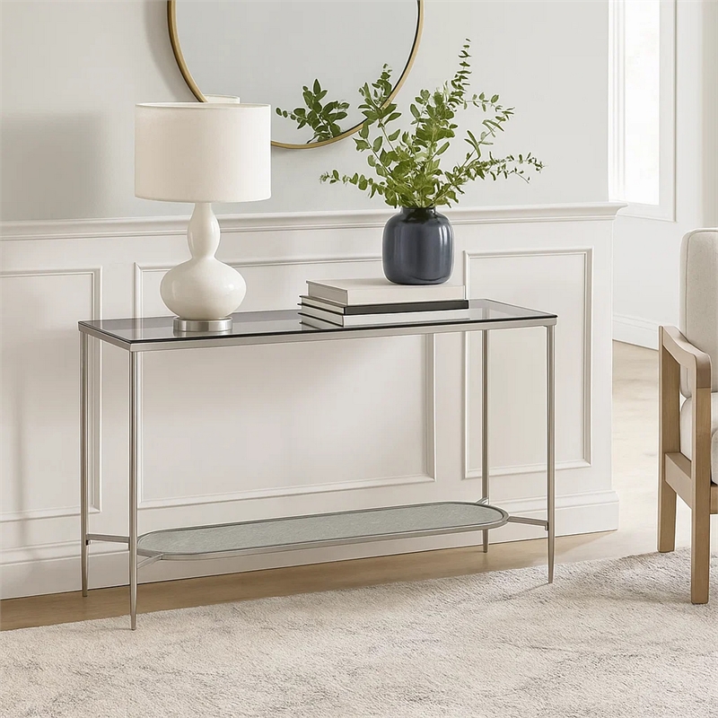 Benjara Sofa Table with Textured Obround Shelf- Silver