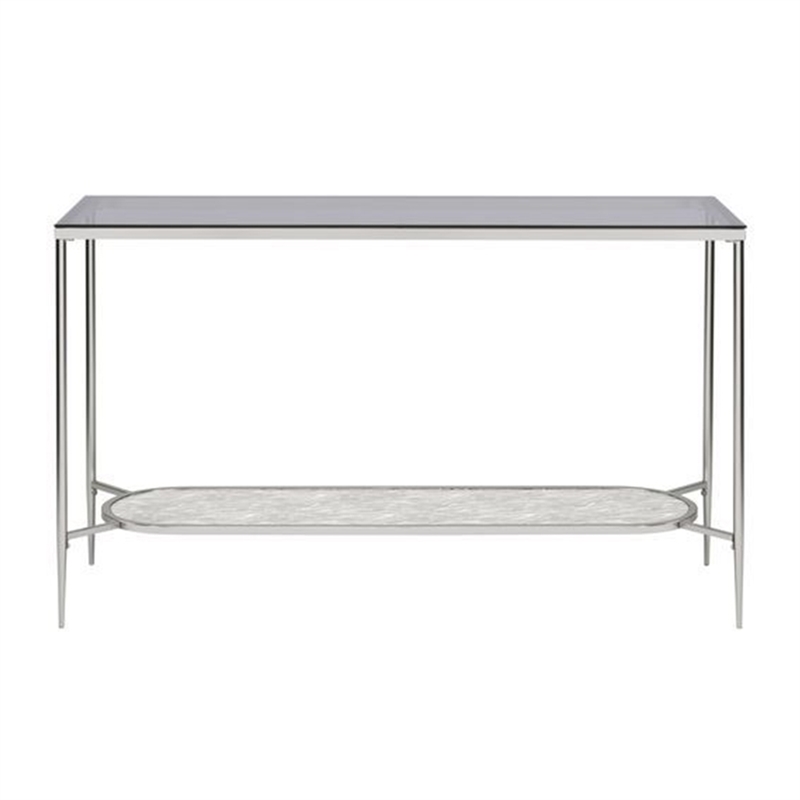 Benjara Sofa Table with Textured Obround Shelf- Silver